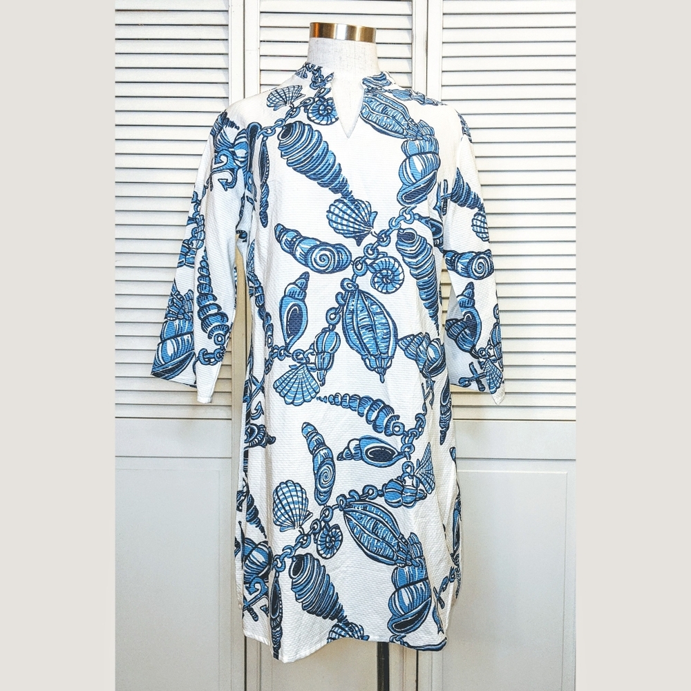J&M blue and white coastal print tunic dress